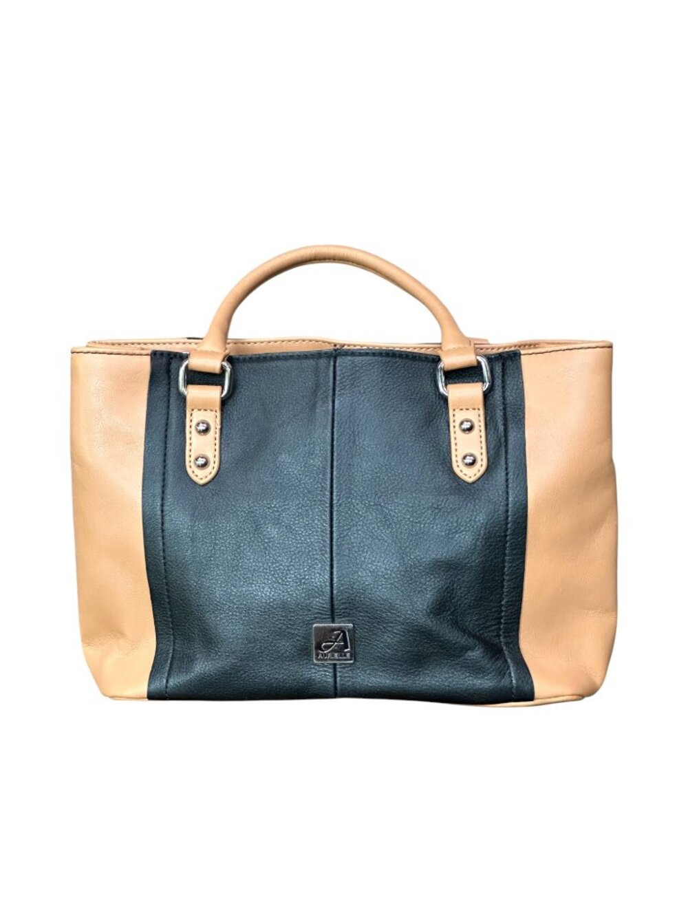 Aurielle Leather Color Block Satchel Tote Black Tan Organizer Handbag